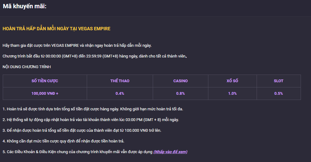 Chương trình khuyến mãi vegas79 hoàn trả cao nhất 1% mỗi ngày